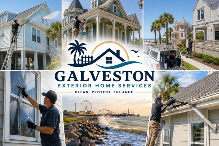 A collage of exterior home services in Galveston — window cleaning, pressure washing and gutter clearing, with the Galveston seafront — around the Galveston Exterior Home Services logo and tagline