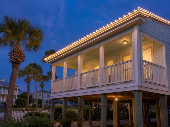After: the same Galveston home glowing with holiday lights at dusk