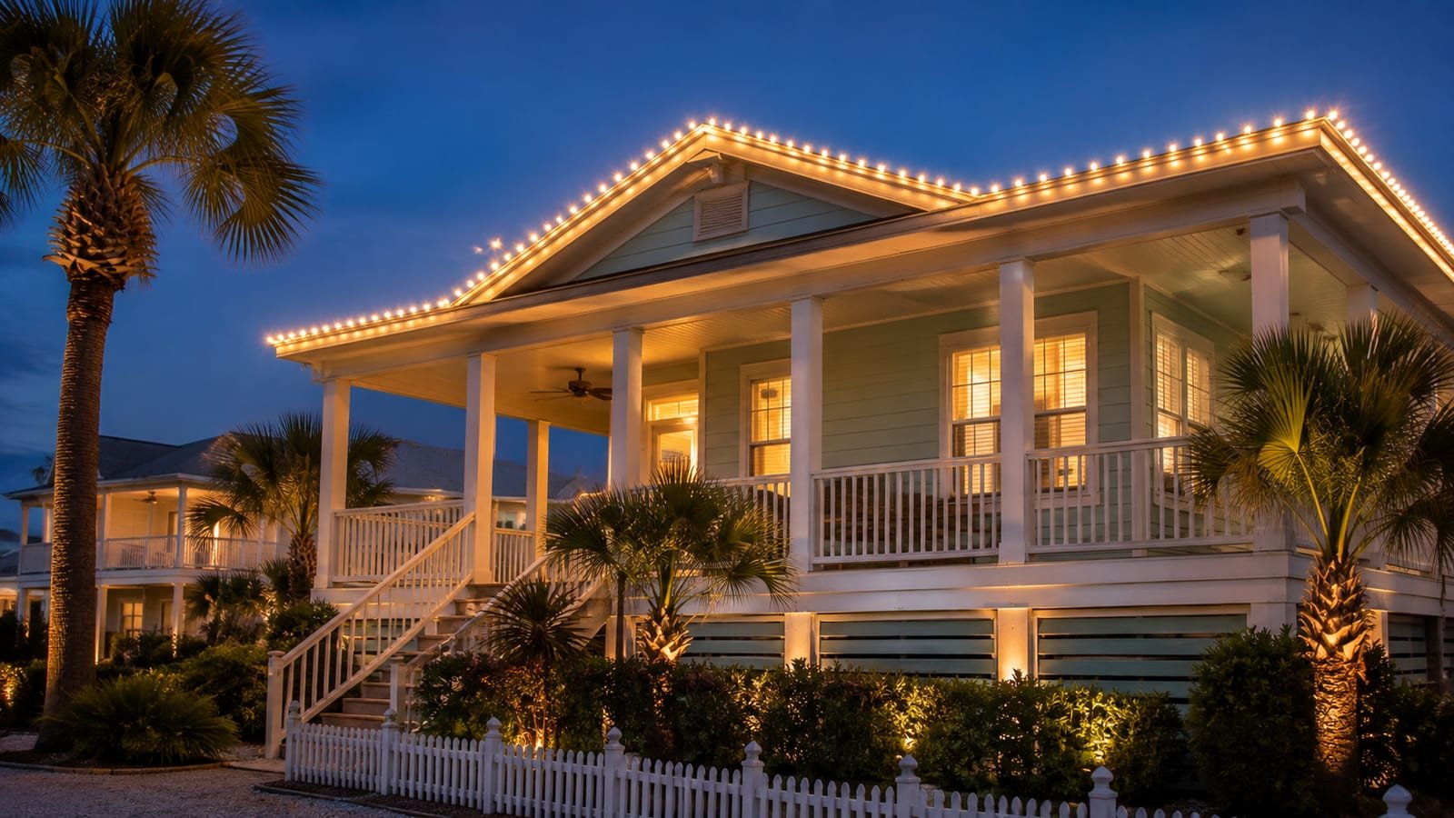 A Galveston home with professionally installed warm-white roofline Christmas lights at dusk