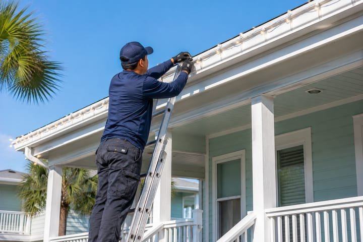 An installer clipping commercial-grade LED Christmas lights along a roofline from a ladder