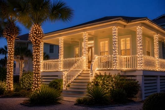Palm trunks, columns and railings wrapped in holiday lights, a Galveston coastal touch