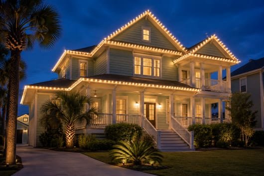 Crisp roofline and peak Christmas lighting on a two-story Galveston home