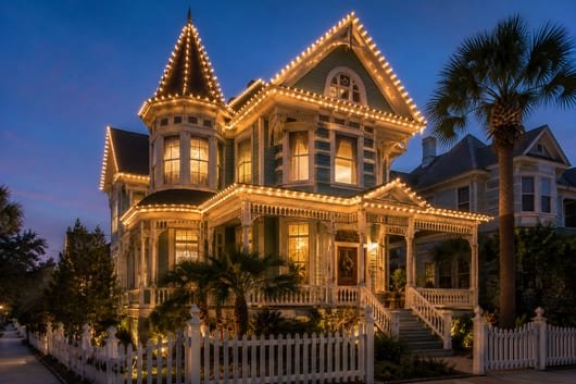 Warm-white lights tracing the trim of a historic Galveston Victorian home