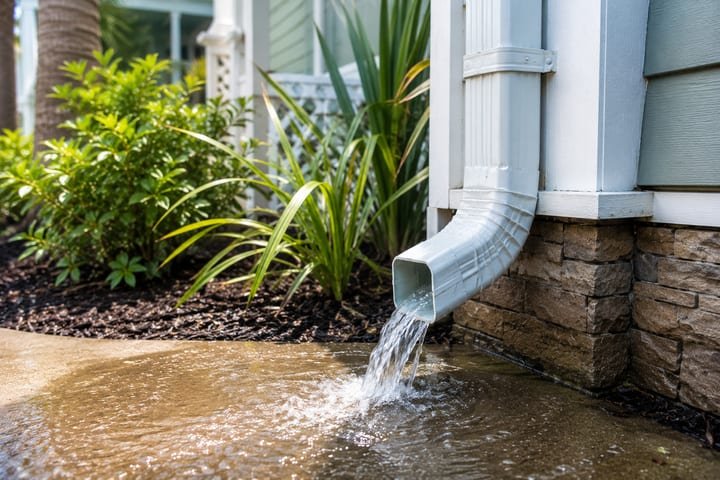 A downspout being flushed clear with water running freely out the bottom