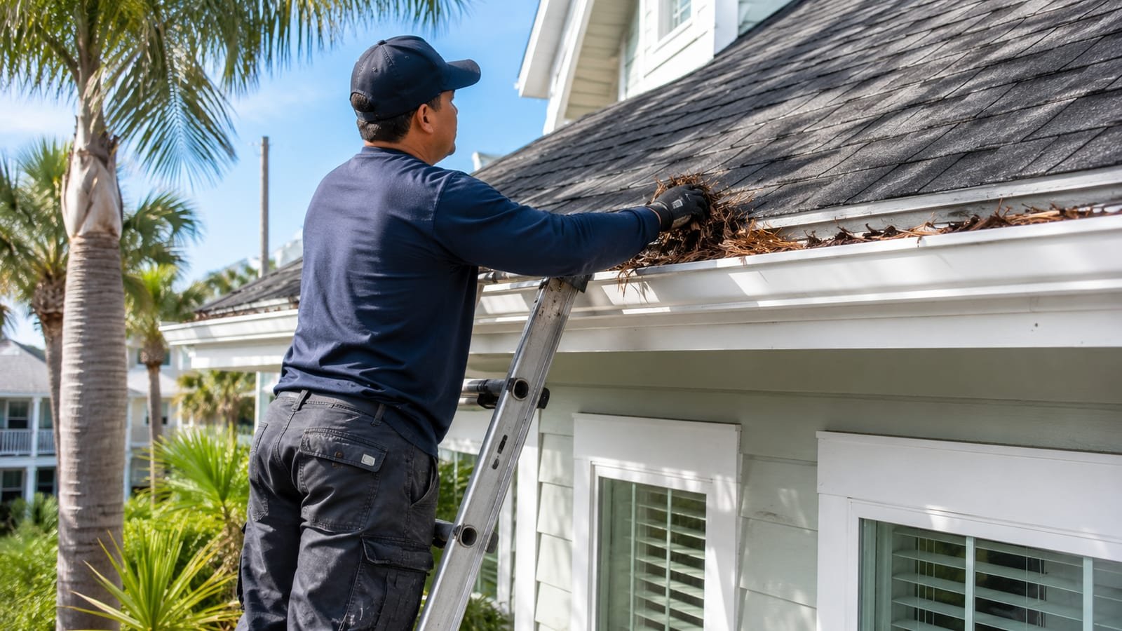 A professional clearing leaves and palm debris from a Galveston home's gutters