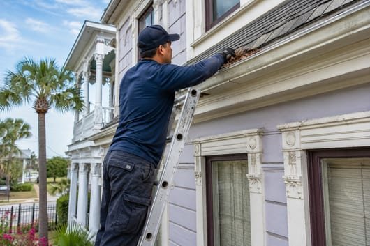 Careful gutter cleaning on a historic East End Galveston home