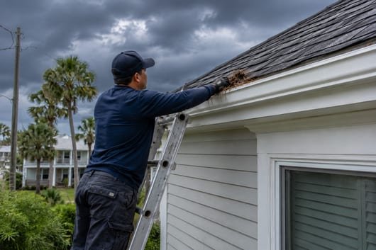 A pre-hurricane-season gutter clear-out before the June 1 start in Galveston