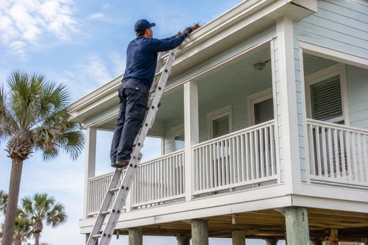 High gutters on an elevated stilt Galveston beach home being cleared safely
