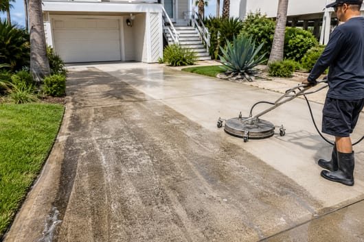 A salt-streaked Galveston driveway and sidewalk surface-cleaned to bright concrete