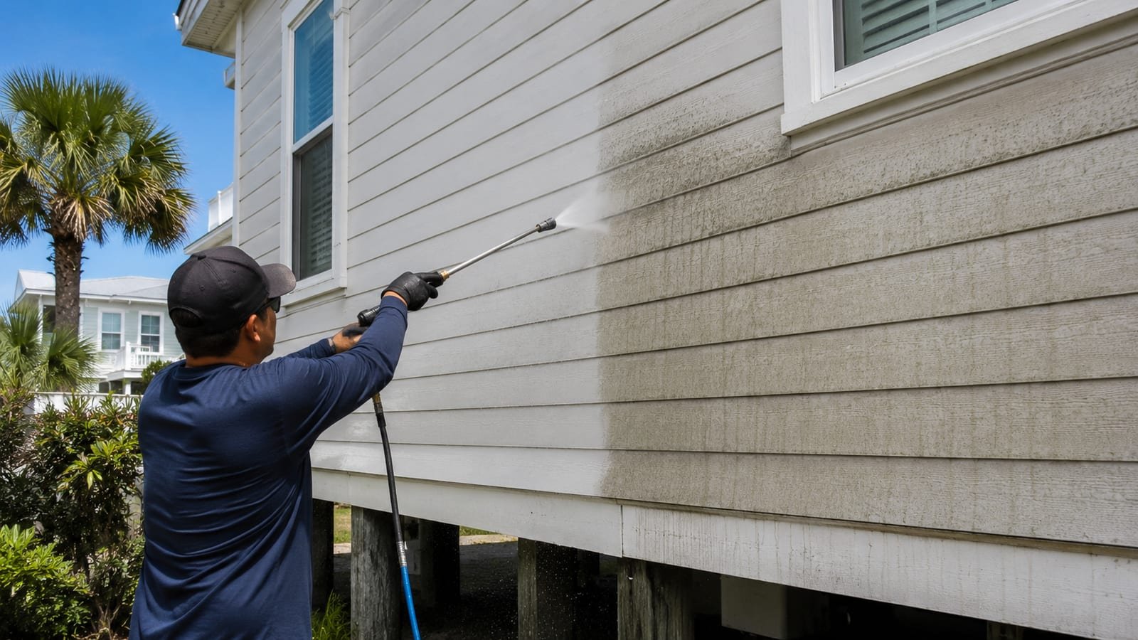 A professional soft-washing the siding of a Galveston home with low-pressure spray