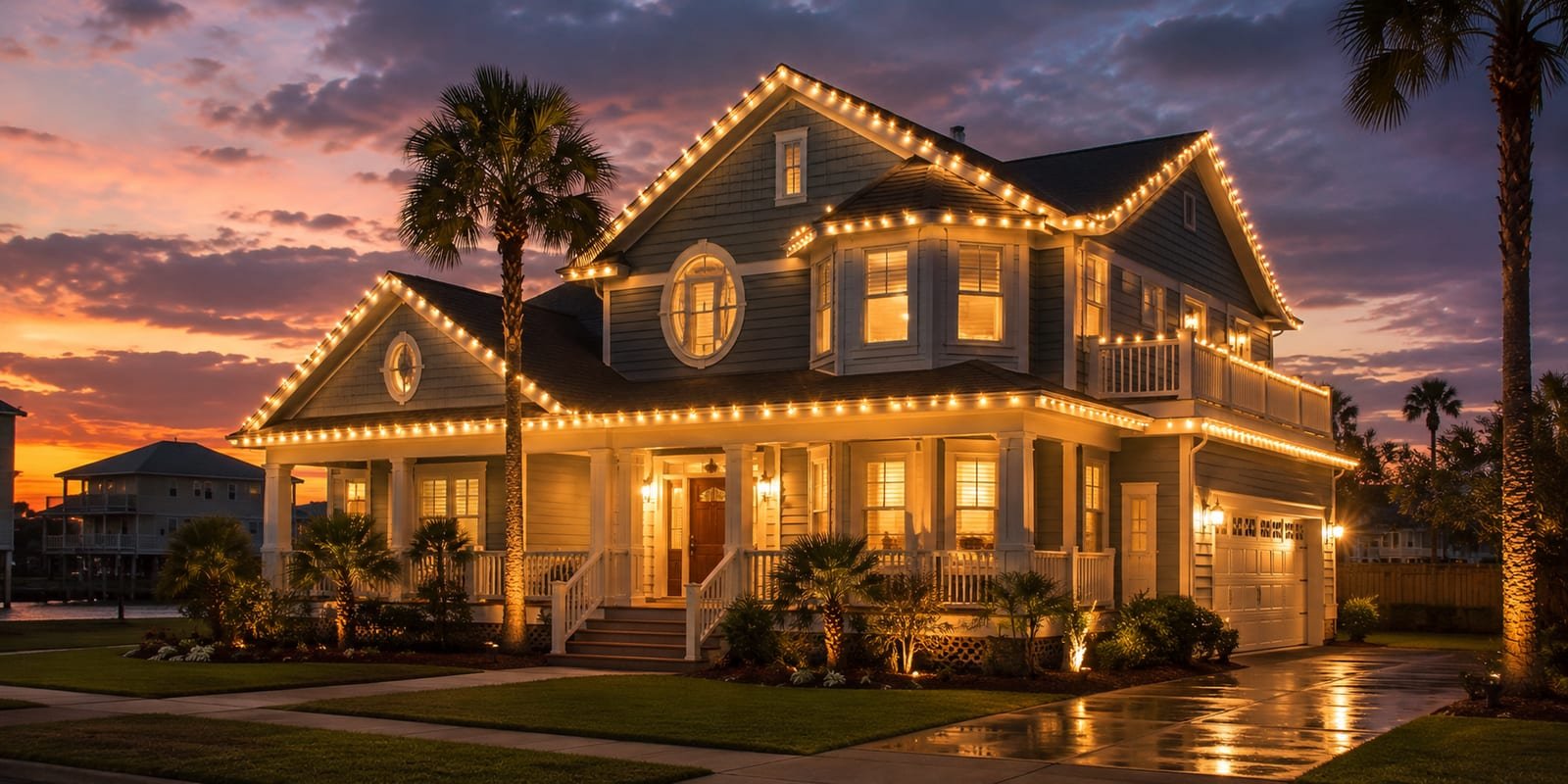 A Galveston home glowing with professional holiday lighting at dusk