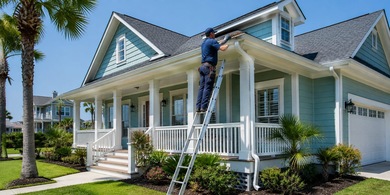 Clear, free-flowing gutters on a Galveston home