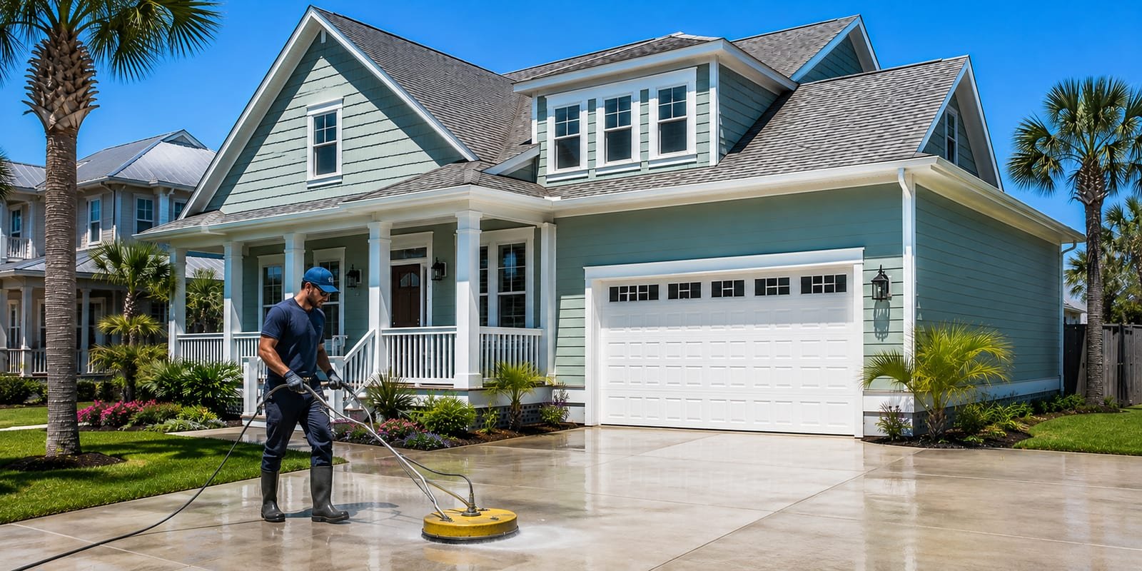 Clean siding and a bright driveway on a Galveston home after pressure washing