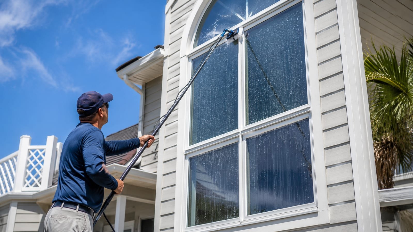 Professional window cleaner cleaning the exterior windows of a Galveston coastal home