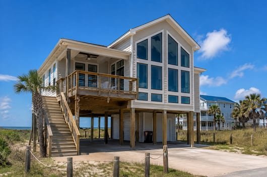 An elevated stilt Galveston beach house with high second-story windows being cleaned